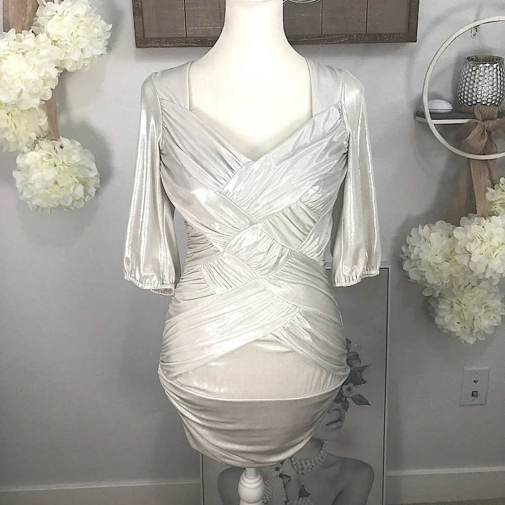 2B Bebe shimmering silver fitted mini dress. Sz S. EUC - Picture 7 of 8